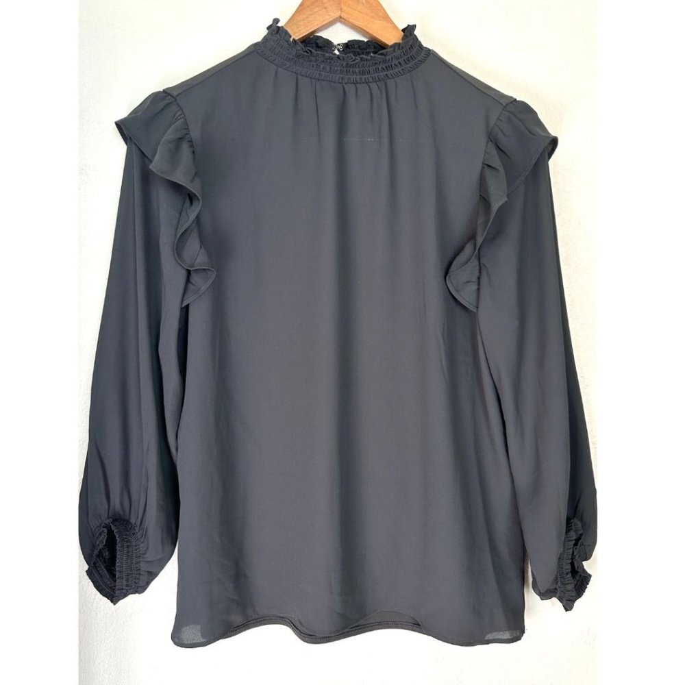 Ann Taylor Blouse Womens XS Long Sleeve Ruffle High Neck Top Gray Keyhole Close